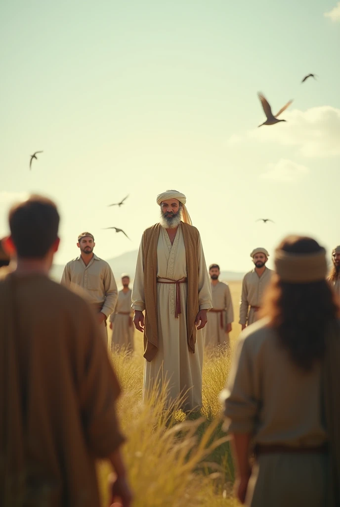 A scene where a man (representing Ibrahim Alaihi Salaam) speaks to a group of people, conveying a message of faith and the oneness of Allah in a peaceful and humble manner."