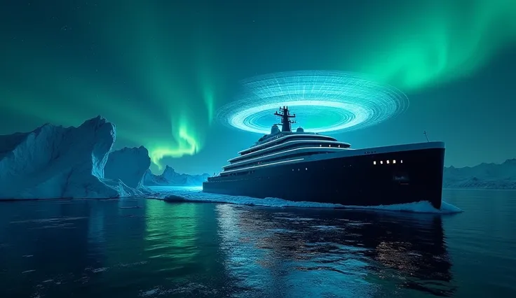 A wide cinematic shot of the Tesla Titanic cruising through icy waters at night, illuminated by the northern lights. The ships advanced AI and sensors are visualized as a glowing blue dome around the ship, scanning the environment. Icebergs in the distance...