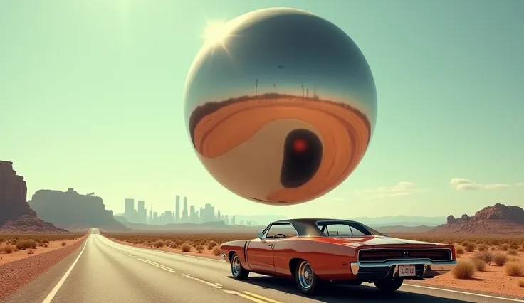  A huge smooth metallic sphere , Hovering a red car , um Dodge Charger antigo,  on a road in the Nevada desert,  near the City of Las Vegas .