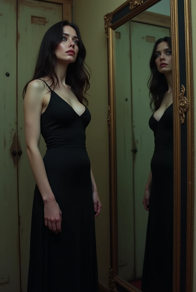 A beautiful brunette in her twenties is standing in a big mirror. She has long dark hair, expressive blue eyes and is dressed in a long sexy black evening dress.
Her reflection in the mirror shows her as chubby and is laughing at her..She looks confused an...