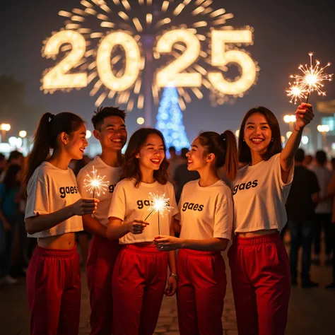 6 Asian Teen Lover Couples Take A Picture Together Wearing Couple Outflid Teens Clothing Different Colors With The Inscription  "GAES " , matching pants  , Stylish sneakers like Fulhd models high ratio photo in crowd of fireworks celebration amid the darkn...