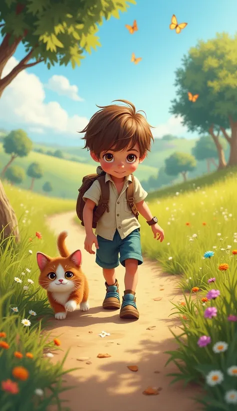  create an image of a  boy, For a YouTube channel with the adventures of Vivi Courageous playing kitten in the countryside

Model
SeaArt Infinity
