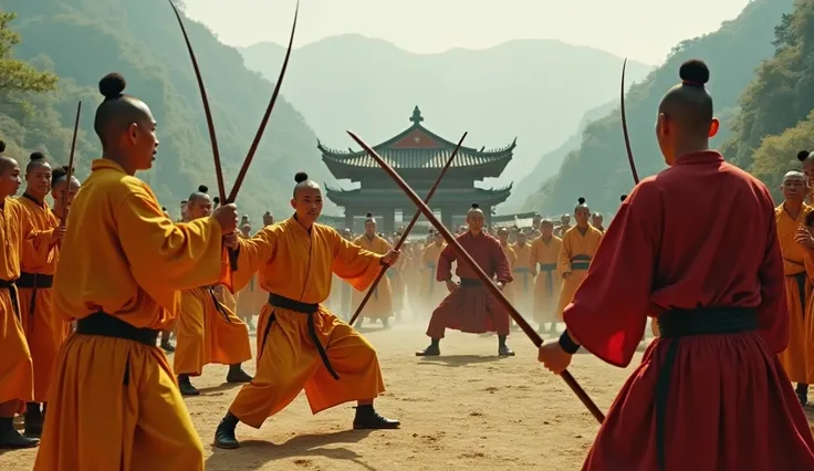 Shaolin monks heroically defending a village from bandits. The scene features monks in action, using staff techniques and unarmed combat, protecting villagers who watch with awe. The setting is a rural landscape with the monastery visible in the background...