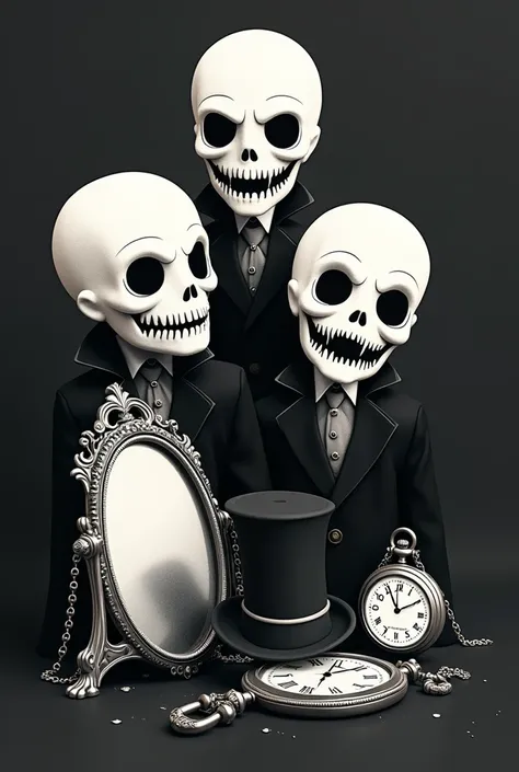 In black and white make minimalist horror art for book cover containing macabre smiles, Add a top hat ,  a pocket watch and a mirror 