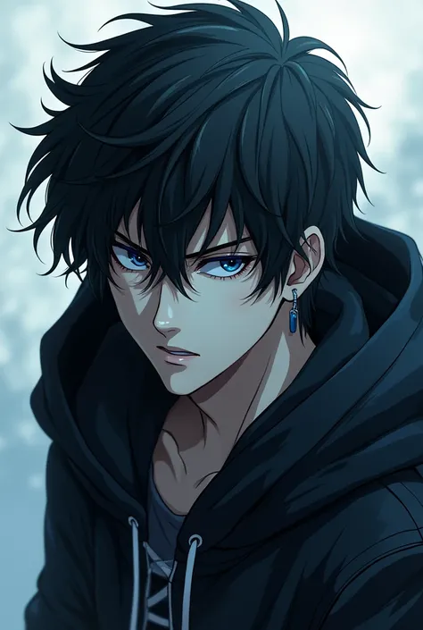 Black hair, animation, blue eyes, black hoodie ,white skin,bad boy