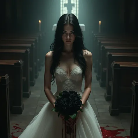 a 20 year old girl,  with long black hair and green eyes , light skin, beautiful, Profiled traits, captivating beauty, but intimidating and dangerous , dressed in a wedding dress THAT IS COMPLETELY STAINED WITH CRIMSON RED BLOOD.  She holds a bouquet of bl...