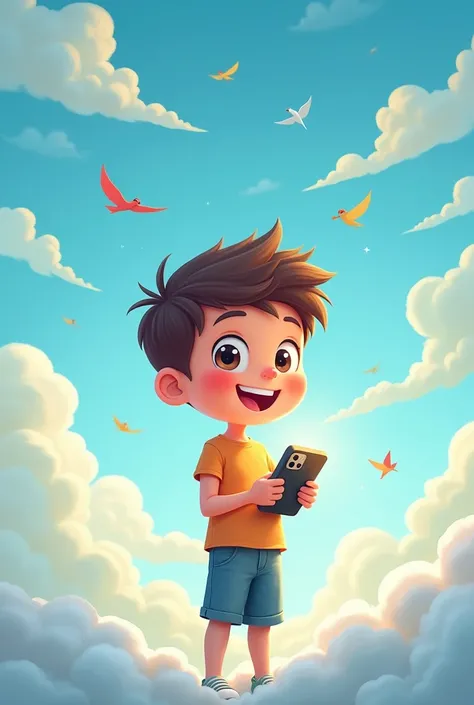 cartoon boy  holding a phone connected with the sky