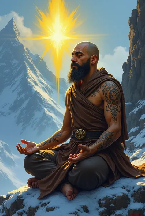 D&D style , dwarf monk, yellow aura, over the mountain with ice .
Eyes closed, tattoo on your head and arms , sorcerer a mantra.