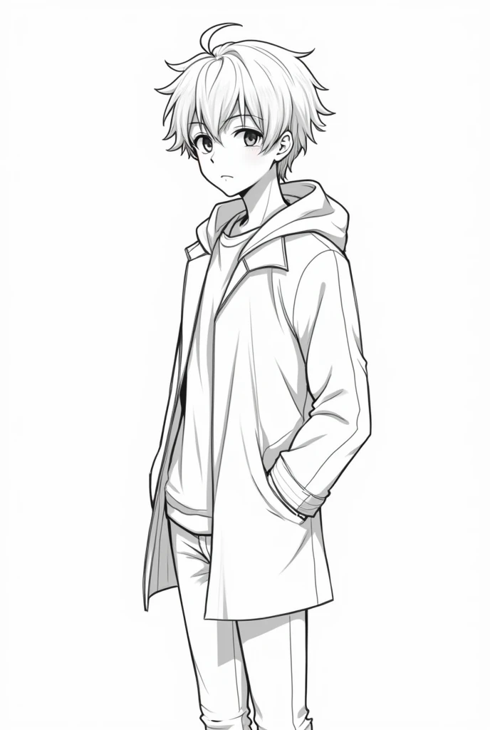 An anime-style sketch of a 15-year-old character, Black and white, to make it easy to redraw it, boy, con abrigo 