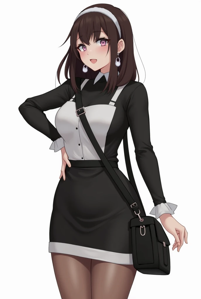 Hair:  dark brown hair,  medium to long , With a straight cut , always loose.

eyes:   white

Body :  She has a lot of body ,  with wider hips and a curvilinear silhouette .

clothes:

 Body earrings with a high collar and a white detail at the waist .

 B...