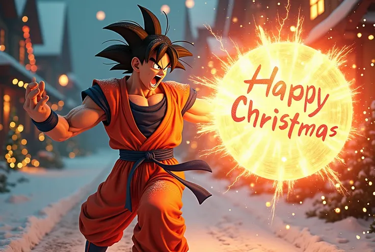 hyper realistic. goku of DragonballZ fame is yelling consumed in a corana of energy as he summons a festive Christmas Kamehameha (it clearly has Happy New Year written within it, Christmas festive battleground
