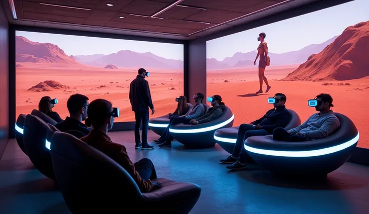 A highly detailed scene showing passengers experiencing cutting-edge virtual reality aboard the Tesla Titanic. The room features sleek VR pods with glowing outlines and futuristic chairs where passengers wear lightweight VR headsets. In the background, hol...