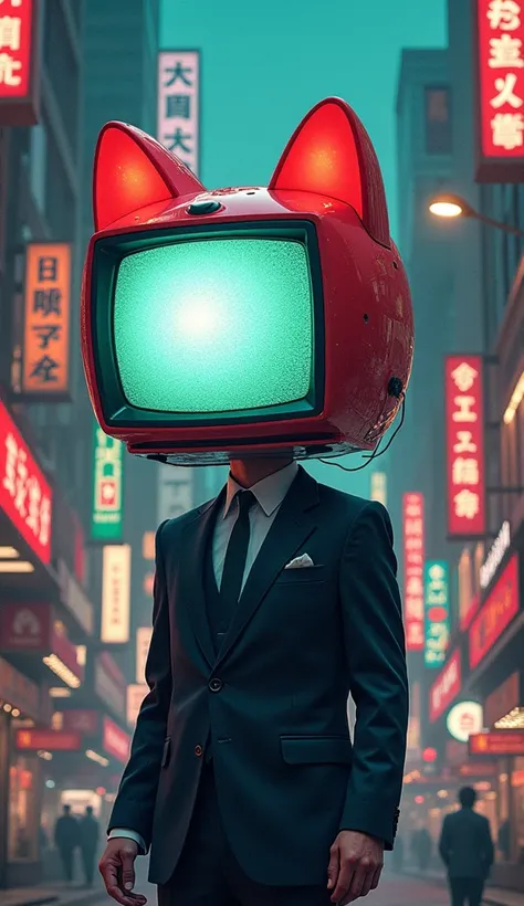  maneki-neko cathode tube TV head with a man in a suit、 cathode-ray tube television head with a cable wrapped around it、Angels cathode ray tube head 、Floating randomly、A man in a suit on a 、Multiple cathode-ray tube television heads with neon coloring in c...