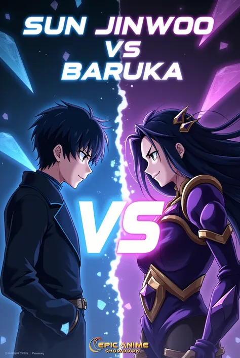 Main Title:

Large, bold text reading "SUN JINWOO VS BARUKA" in a futuristic, anime-style font. The text is split-colored, with Sun Jinwoos name in sapphire blue and Barukas name in deep purple. Positioned at the top of the thumbnail, slightly arched for d...