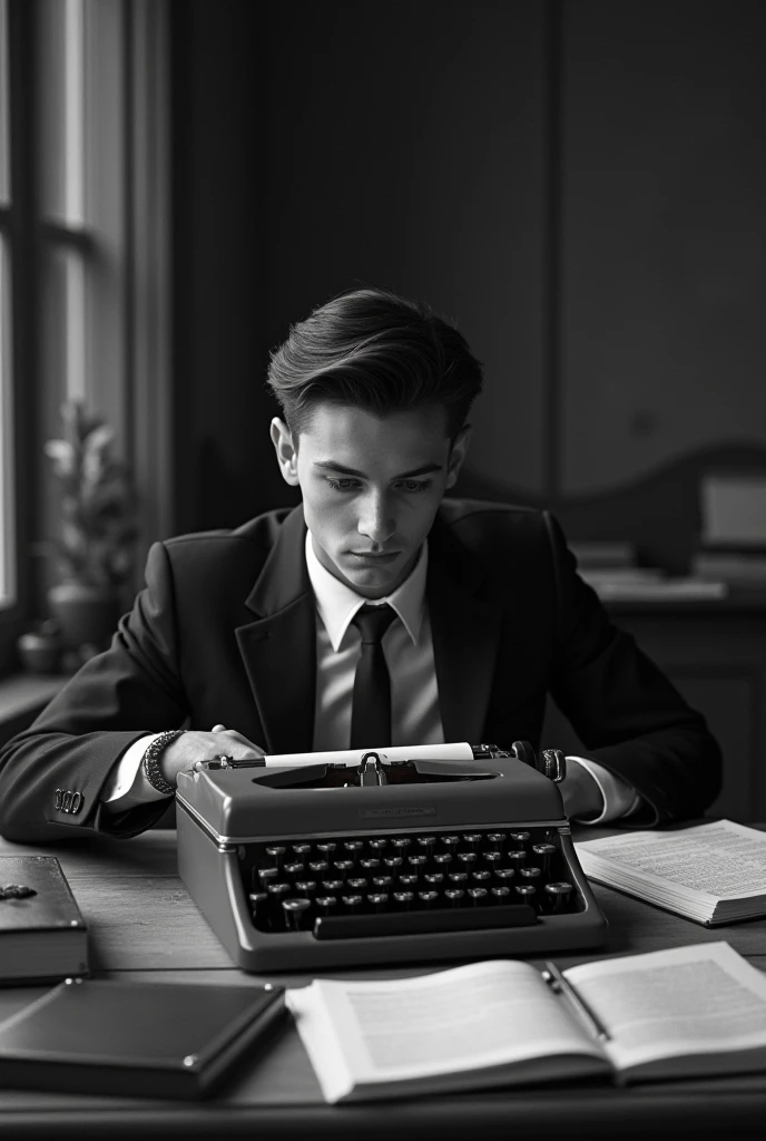 A young black and white writer ,  in a suit and tie sitting at a desk with a typewriter,  hd 