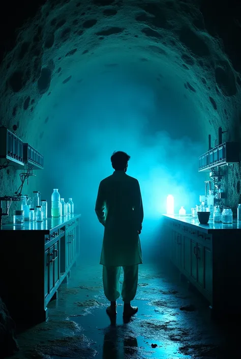 A mysterious underground cave houses a dimly lit scientists laboratory, filled with strange, futuristic equipment and glowing blue liquids in glass vials. In the center of the lab stands a 25-year-old handsome young man with a curious expression, wearing a...