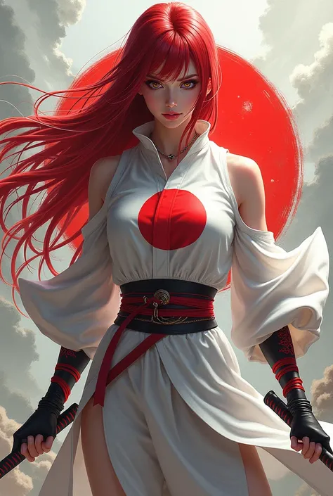 Ninja anime woman. Red long hair and white clothes. Resembling a japanese flag on her outfit 