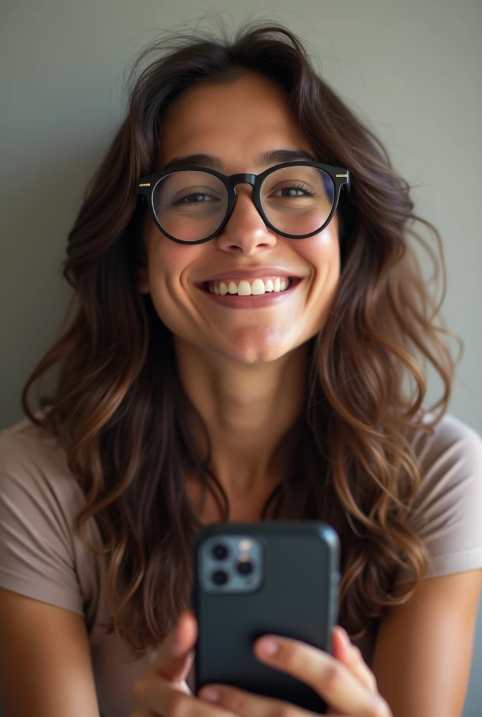 arafed woman with glasses taking a selfie with her cell phone, a picture by Nándor Katona, instagram, tachisme, slight nerdy smile, cute slightly nerdy smile, 18 years old, 2 , 2 , with glasses, 2 , lorena avarez, alanis guillen