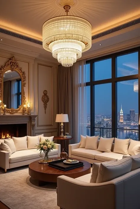 

" Create an image that represents luxury ,  with an opulent ambience ,  including a large living room decorated with crystal chandeliers ,  white leather sofas , an elegant fireplace ,  and a large window overlooking a city illuminated at night .  Add go...