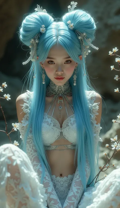 A beautiful fascinating biomechanical female korean cyborg with a porcelain face, she has long blue hair with huge double bun head, analog, beautiful natural light, rim light, 1 5 0 mm lens, aztec warrior, feathers, piercing, aztec tattoos, white blossoms,...