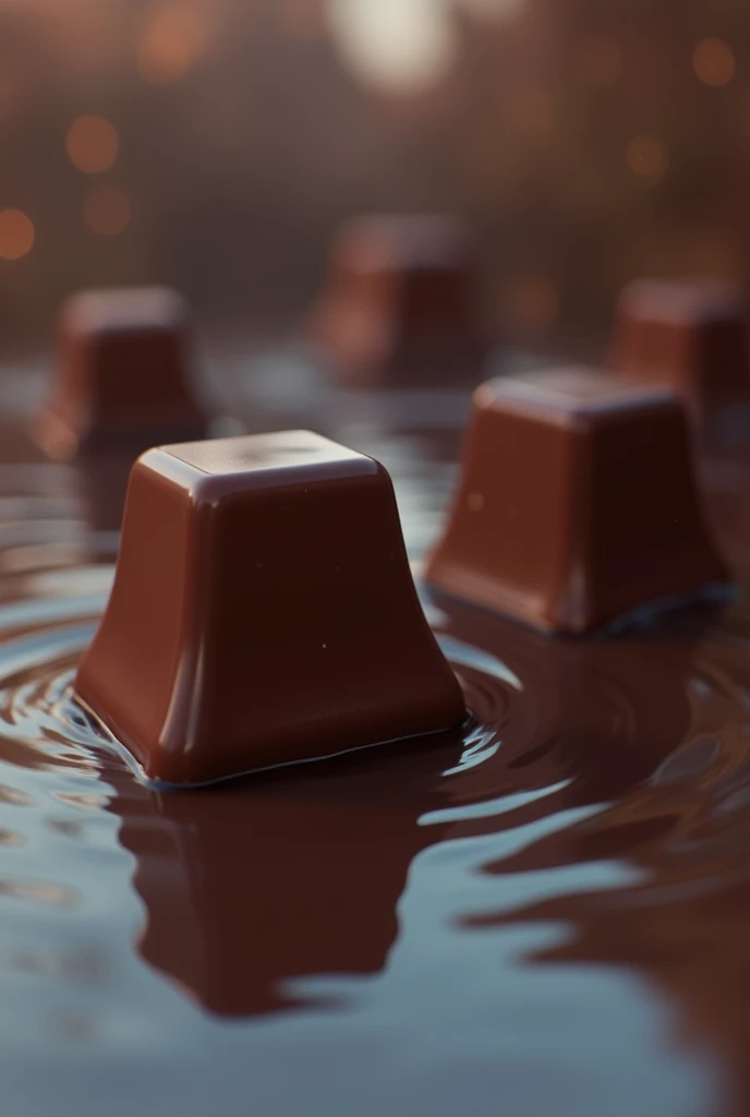 The design shows chocolate cubes floating on the water, reflecting the light and purity of the product