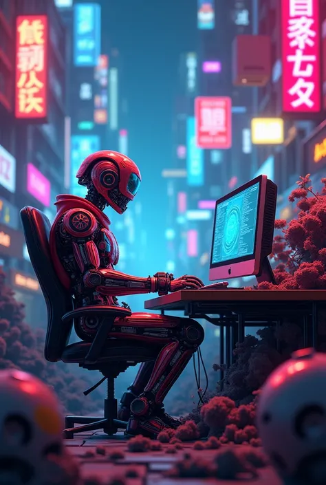 A colourful animated cyborg man sitting working with Computer where robotic wastes are dumped with neon light effects on background and highlighting the image