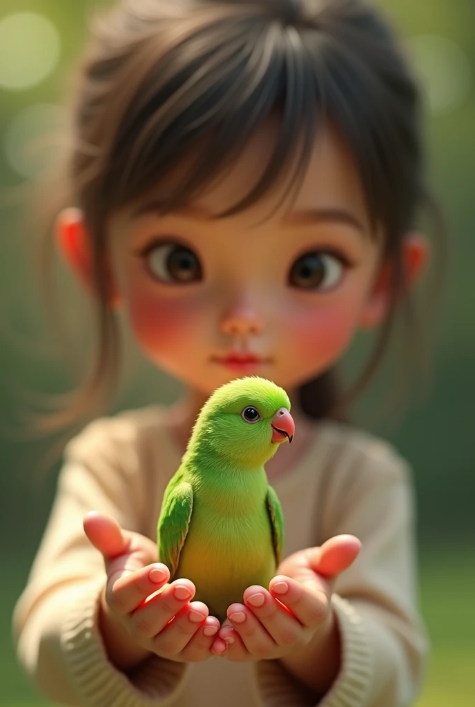 Mini green parrot in girl hand