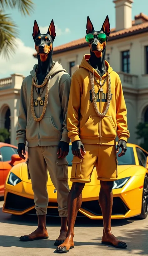 
hyperrealistic Dobermans with human body wearing a  workerpants and a hoodie with the text: $DOBER. big golden necklaces and sunglasses with green oil glasses. 
Standing behind there bright color luxury sportcars in front of a big luxery mansion.