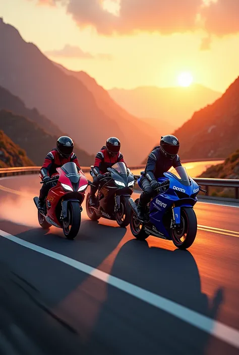 Four dynamic bikers astride gleaming Yamaha racing bikes, two crimson, one midnight black, one electric blue, forming a diamond formation. "THOMAS" emblazoned boldly across majestic mountain silhouettes. Professional logo design with metallic finish, drama...