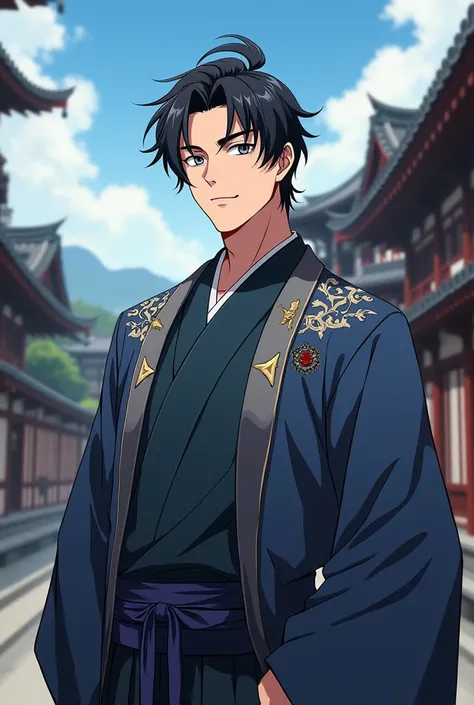 Historian, Japanese, attractive, anime, formal wear olden Japan, midlength well kept black hair, slightly muscular, grey eyes, male, pretty, kimono, slick wolf cut, mappa art style, 