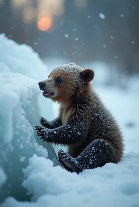 Scene: The baby bear, visibly shaking from hypothermia, whimpers beside the cracked ice. Snowflakes cling to its fur as it looks toward its mother.
Lighting: Gloomy lighting with a hint of sun breaking through the clouds, adding depth to the snowy terrain....