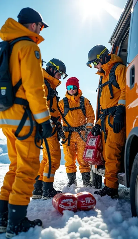 Scene: The team unpacks climbing gear, antiseptic sprays, and thermal blankets from their vehicle. Snow is kicked up around them as they prepare for the rescue.
Lighting: Natural light highlighting the colorful yellow uniforms against the white snow.
Camer...