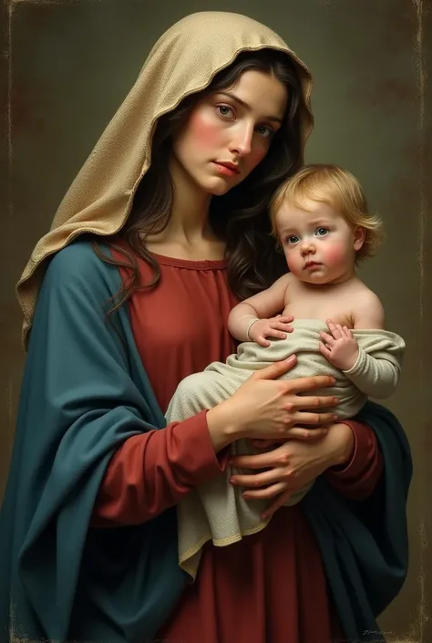 Holy Mary,  Saint Mary is a 20-year-old woman ,  she has dark and long hair ,  she has a big, thick cloth over her head and shoulders, What she wears as a veil ,  she wears rustic red robes ,  and on top a large blue cloth over her shoulders and arms ,  th...