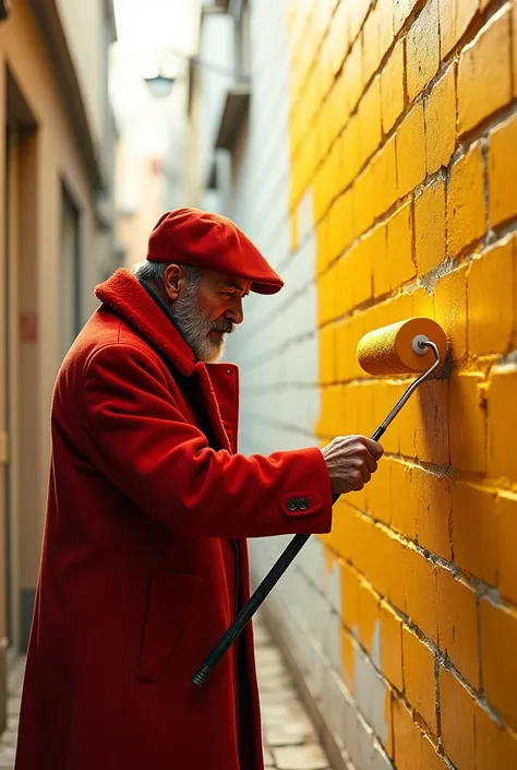 A man in a red fur coat and hat, painting a white brick wall with a yellow paint roller on a long stick, detailed, photorealistic, cinematic lighting, warm tones, hyper detailed, intricate textures, 8k, masterpiece