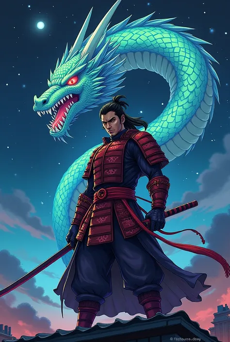 Do profile picture samurai Hayabusa in anime style which is looking from the roof holding a katana sword in his hand night sky and dragon in the background 