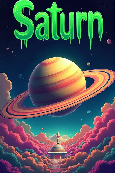 Spycodelic planet Saturn with the word Saturn in a striking green color at the top and smaller at the bottom the word smoke shop