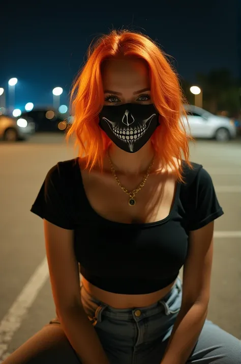 8k quality, masterpiece, ((Ultra detailed background, Intricate details)), best quality, Intricate details, Chromatic Aberration, woman, looking at viewer, orange hair, black face mask with a skull pattern, black crop top, short sleeves, gold chain, grey p...