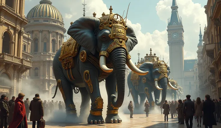 Steampunk Mechanical Elephants

Prompt:

Design an image of massive, elegantly crafted mechanical elephants strolling through a grand steampunk city square. They should be adorned with brass fittings and steam-powered elements, surrounded by a crowd of onl...