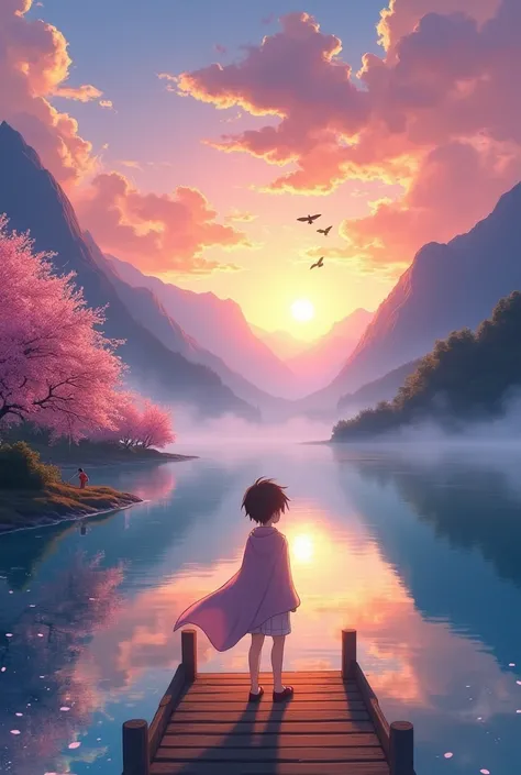 

"A breathtaking anime-style landscape, featuring a serene mountain lake at sunrise. The scene is bathed in golden and pink hues as the sun rises over the misty mountains, reflecting on the crystal-clear water. Cherry blossom trees line the shore, their p...