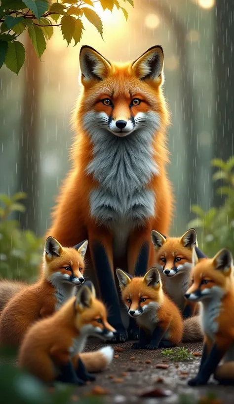 A magical, realistic scene set in a forest during a light rain, featuring a majestic adult fox with a brilliant coat of orange-red and white, surrounded by five adorable cubs. The fox stands protectively and attentively, while her pointed ears capture the ...