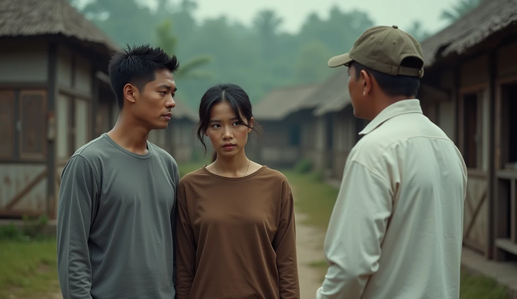 make me a hyperrealistic 18K HD photography photo showing a yellow-skinned, black-haired Indonesian man and woman wearing a long-sleeved gray shirt. and the woman is wearing a long-sleeved brown shirt. the man and woman are seen walking in the middle of a ...