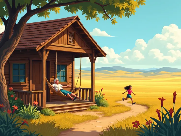 wooden cabin in the savannah, a hammock swing hangs on the porch, an old man lies in a swing, a girl runs from a distance, cartoon, high quality