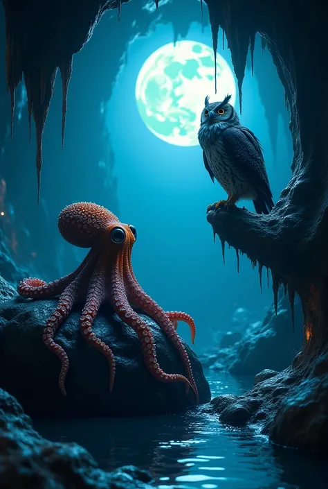 A mysterious octopus with iridescent, shifting colors sits on a large rock in a foggy, moonlit cave. It faces a regal owl perched on a nearby stalactite, its feathers dark and speckled with white. The octopuss tentacles curl and uncurl slowly, its eyes wid...