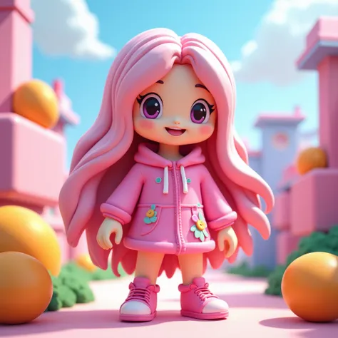 Roblox character with pink clothes, long hair and cute design