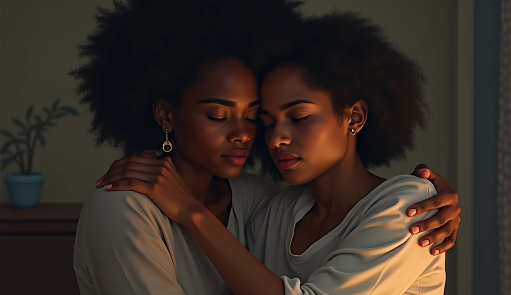 A sad 20-year-old black woman comforted by her mother