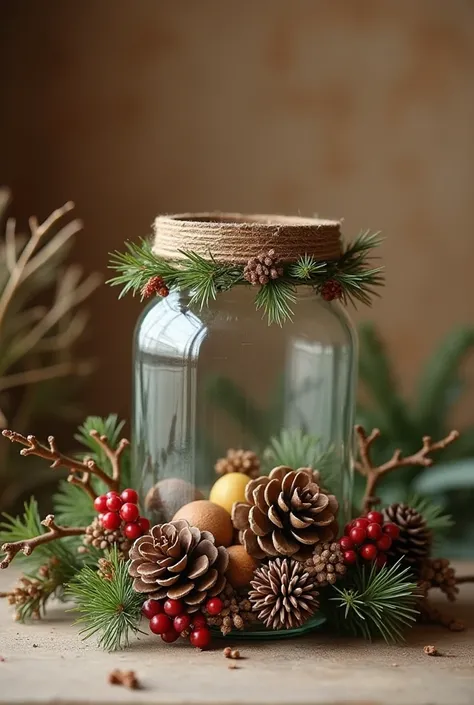 Decorate the jar around with natural materials: glue on pine cones, small twigs, berries or artificial decorations.