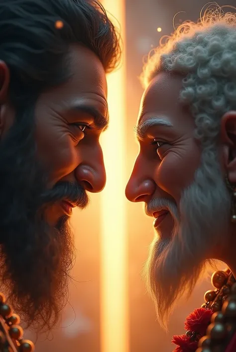 A close-up of Ganesha and Parashurama, their faces illuminated by divine light, with expressions reflecting wisdom and understanding. Parashurama’s thick beard frames his face as he gazes with deep appreciation at Ganesha, his eyes filled with gratitude. G...