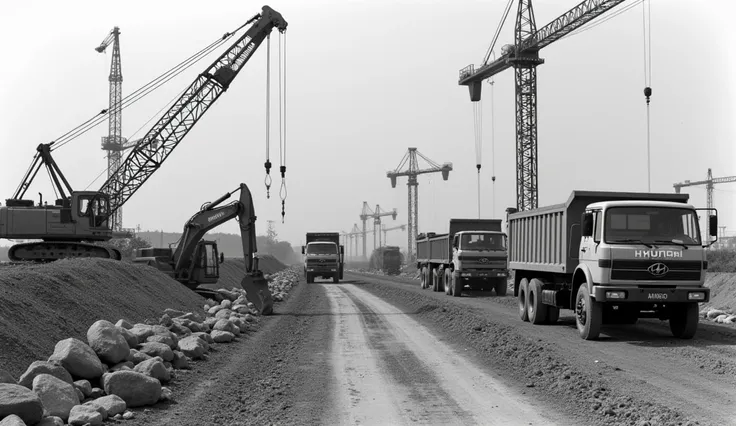 "In the 1950s, Hyundai Construction stands as a pillar of strength in Korea’s reconstruction, with modern equipment like cranes, excavators, and dump trucks in action. Workers are actively engaged, contributing to the rapid development of Korea’s infrastru...