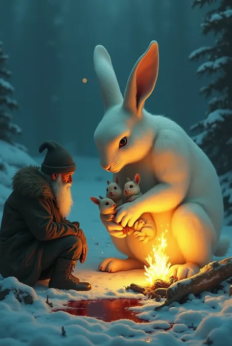 Mother giant white rabbit birth there three baby in front of the old man near his yellow camp at night time and near fire crackling there is a blood near the icy land provide original picture 