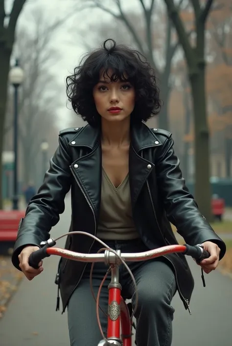 Realistic photos,  look a little dirty and smoky in 1990 ` is riding an old red bicycle in new york central park   ,Japanese beautiful and sexy women with black curly hair ,  with short black curly hair  . Leather jacket on big  ,eski kırmızı bir bisiklet ...